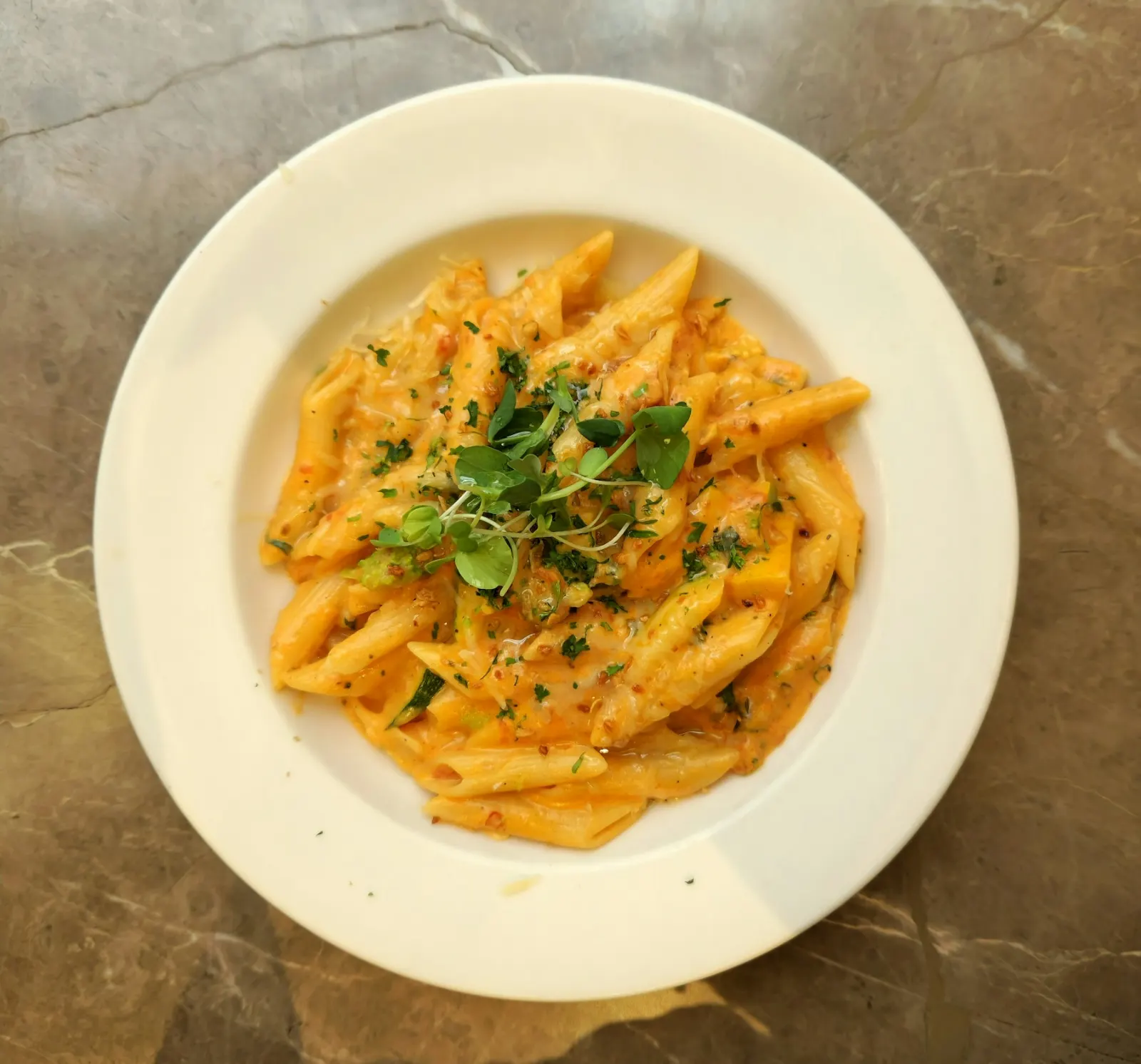 Penne v krémové dýňové omáčce s cuketou a mikrobylinkami na bílém talíři